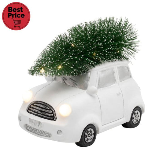 Figurina ceramica masina alba cu brad, LED alb cald, interior, KDCA 15