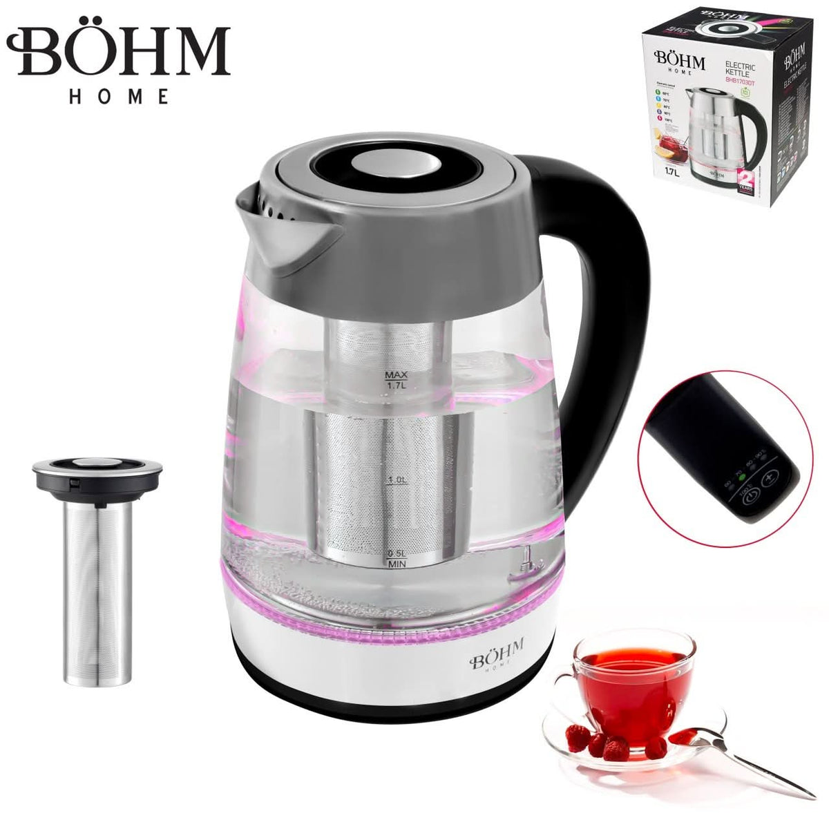 Fierbator Electric BÖHM BHB1703DT, 1.7L, 2200W, Infuzor Ceai, Mentinere Temperatura, Afisaj LED