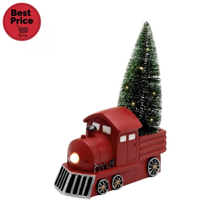 Figurina ceramica locomotiva rosie cu brad, LED alb cald, interior, KDCA 21