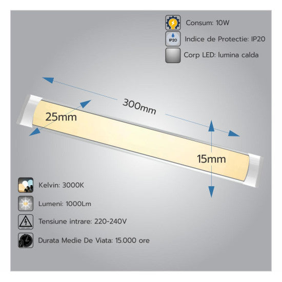 Corp LED Fida aluminiu, 10W, 3000K, 300 mm
