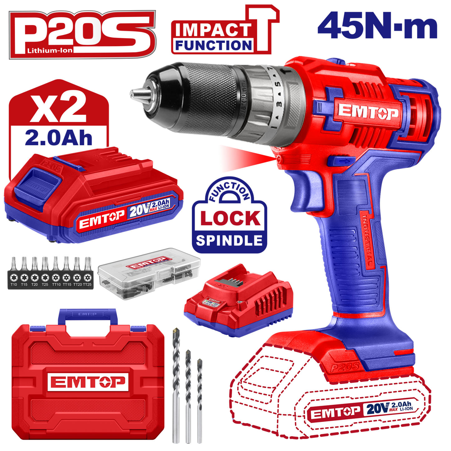 Mașină de Găurit și Înșurubat cu Percuție, 2 Acumulatori 2.0AH, 45Nm, 55 Accesorii, 3 Burghie, Cutie Transport - ECiDL6200128, EMTOP