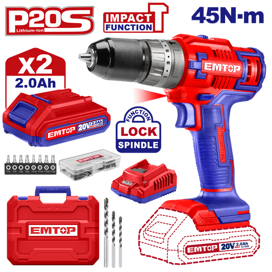 Mașină de Găurit și Înșurubat cu Percuție, 2 Acumulatori 2.0AH, 45Nm, 55 Accesorii, 3 Burghie, Cutie Transport - ECiDL6200128, EMTOP