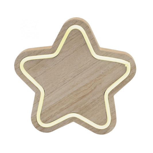 Decor Masa cu LED Stea din Lemn 22 cm, Neon Light Alb Cald, Alimentare 3xAAA – Model KAD 27