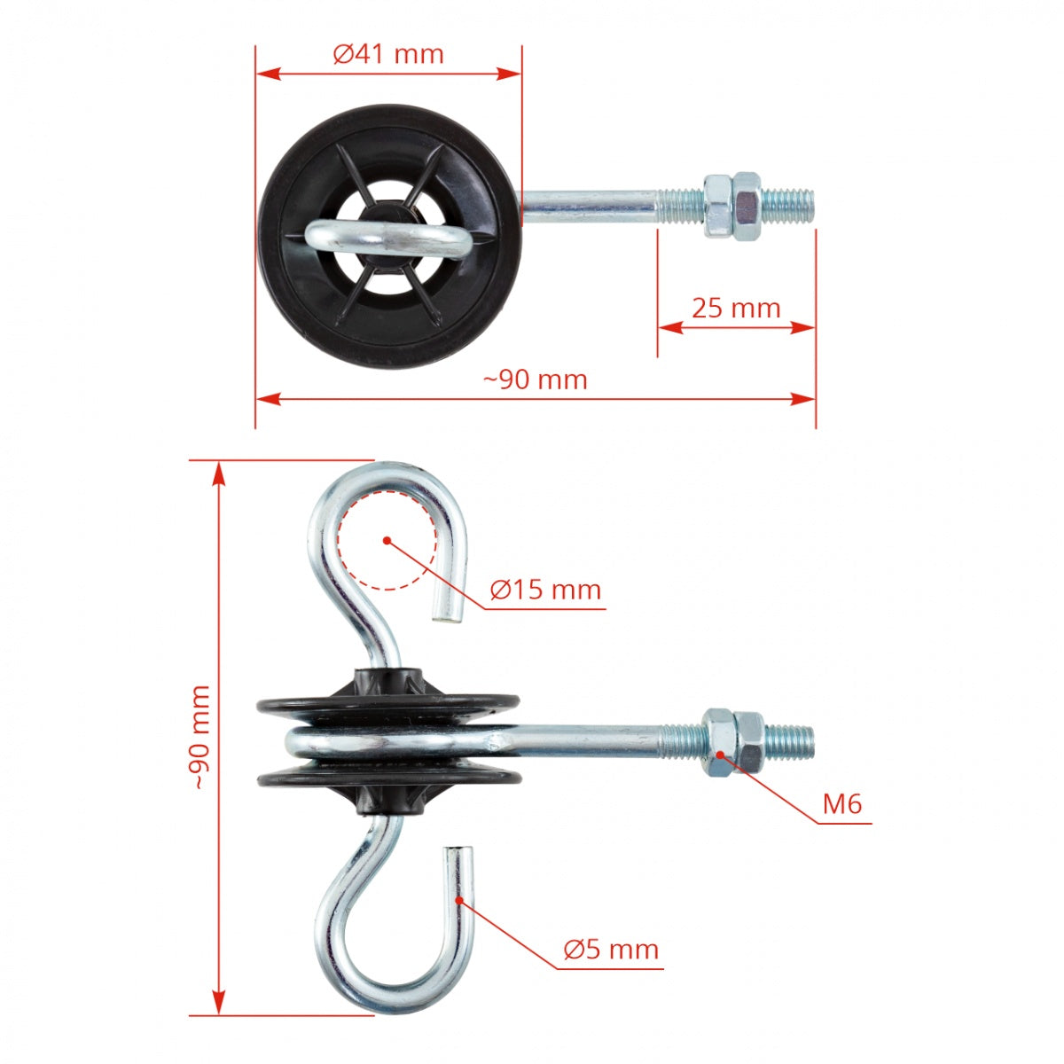 Izolator poarta gard electric cu picior metric M6, otel galvanizat si plastic rezistent UV