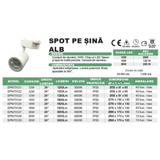 Spot pe sina alb 12W, 3000K, 715 lm, Ø55x81x95 mm