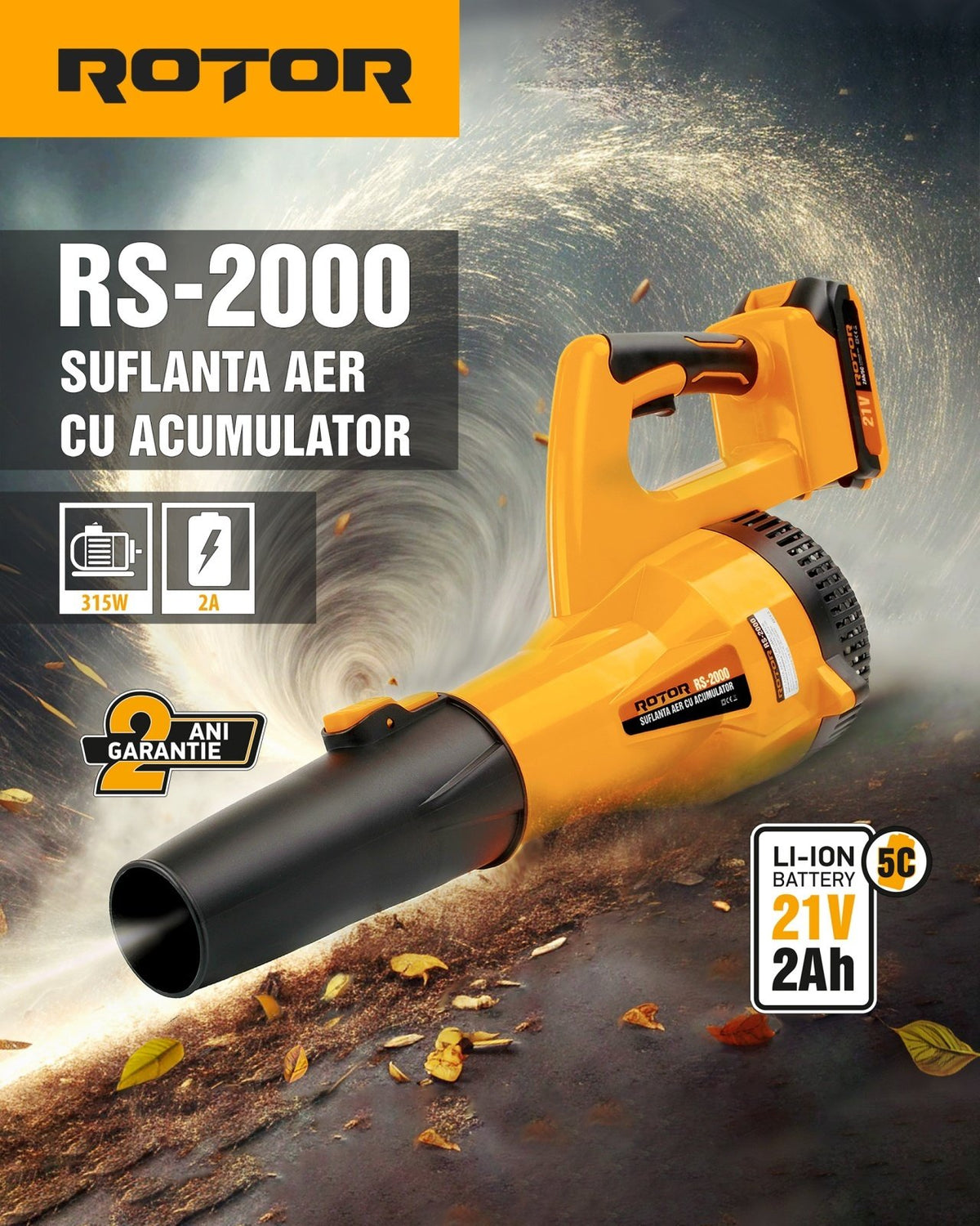 Suflanta aer pe acumulator ROTOR RS-2000, 21V / 2Ah, motor 315W, compacta si usoara, cu acumulator si incarcator