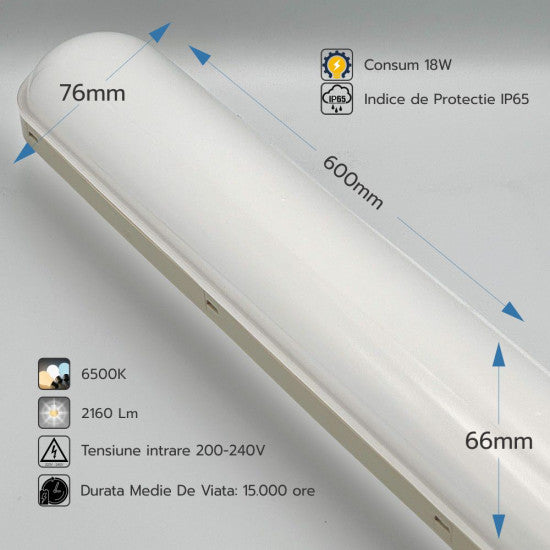Corp LED 18W, 600x76x66mm, 6500K, IP65