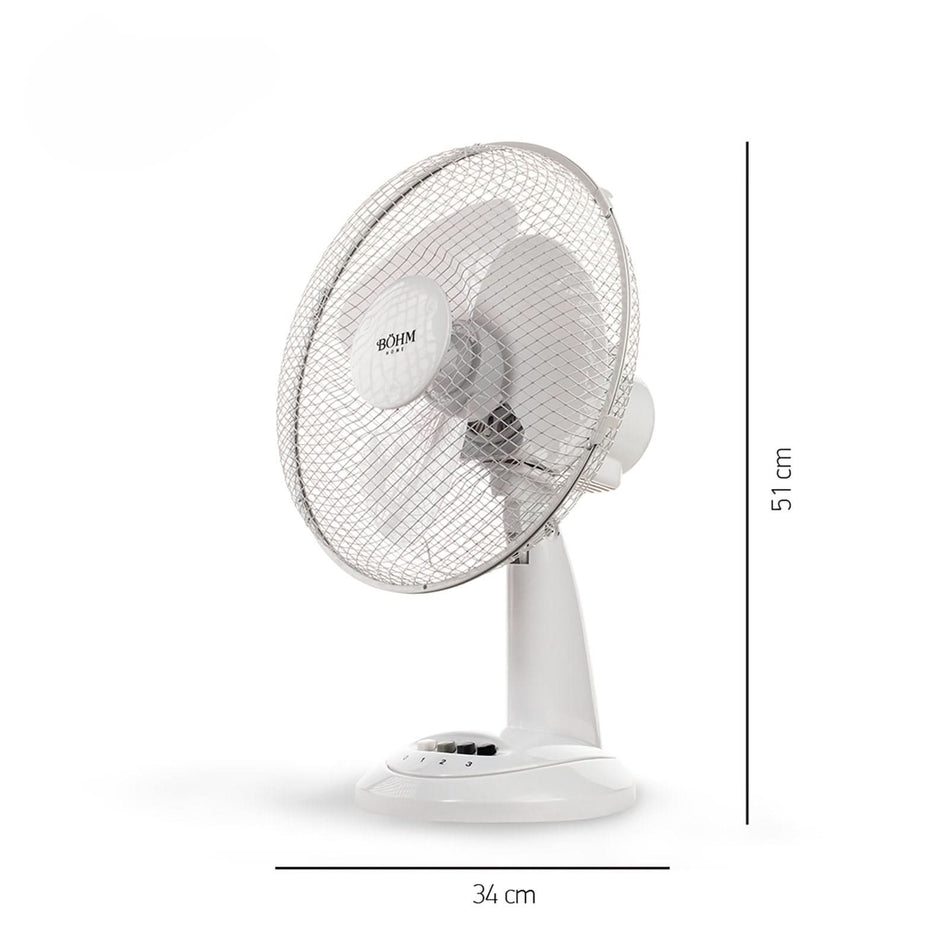 Ventilator de Birou BOHM BLTF-1203, 12 inch, 3 viteze, 40W, protectie la supraincalzire, alb