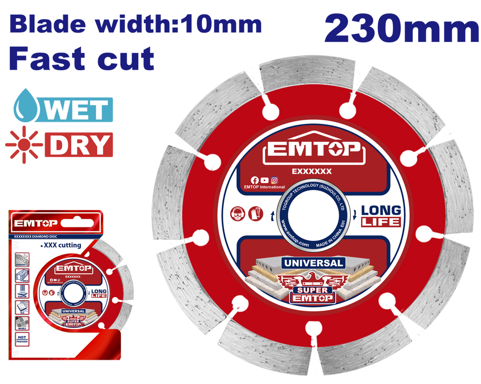 Disc Turbo Diamantat 230mm, Tăiere Umedă/Uscată, Lamă 10 mm - EDDC012302, EMTOP