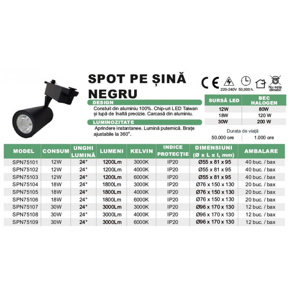 Spot Sina Negru, 18W, 1340 lm, Ø76x150x130 mm