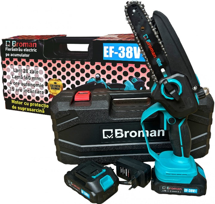 Fierastrau electric Broman EF-38V+, 2 acumulatori 38V, lama 16 cm, sistem ungere lant – putere si manevrabilitate pentru lucrari precise