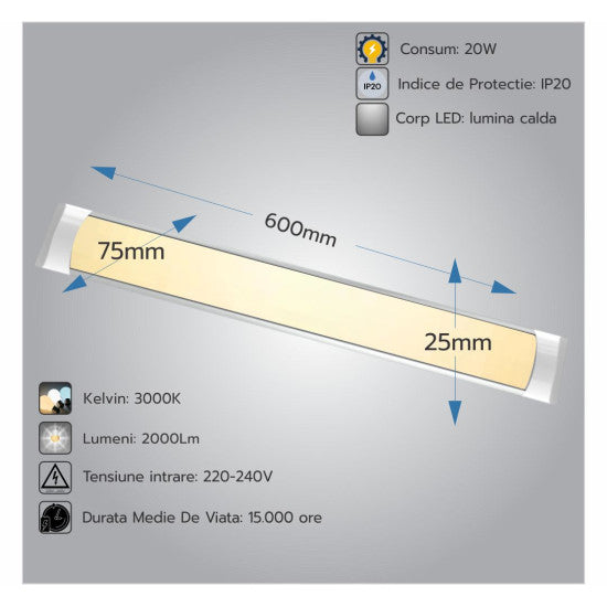 Corp LED Fida aluminiu, 20W, 3000K, 600 mm