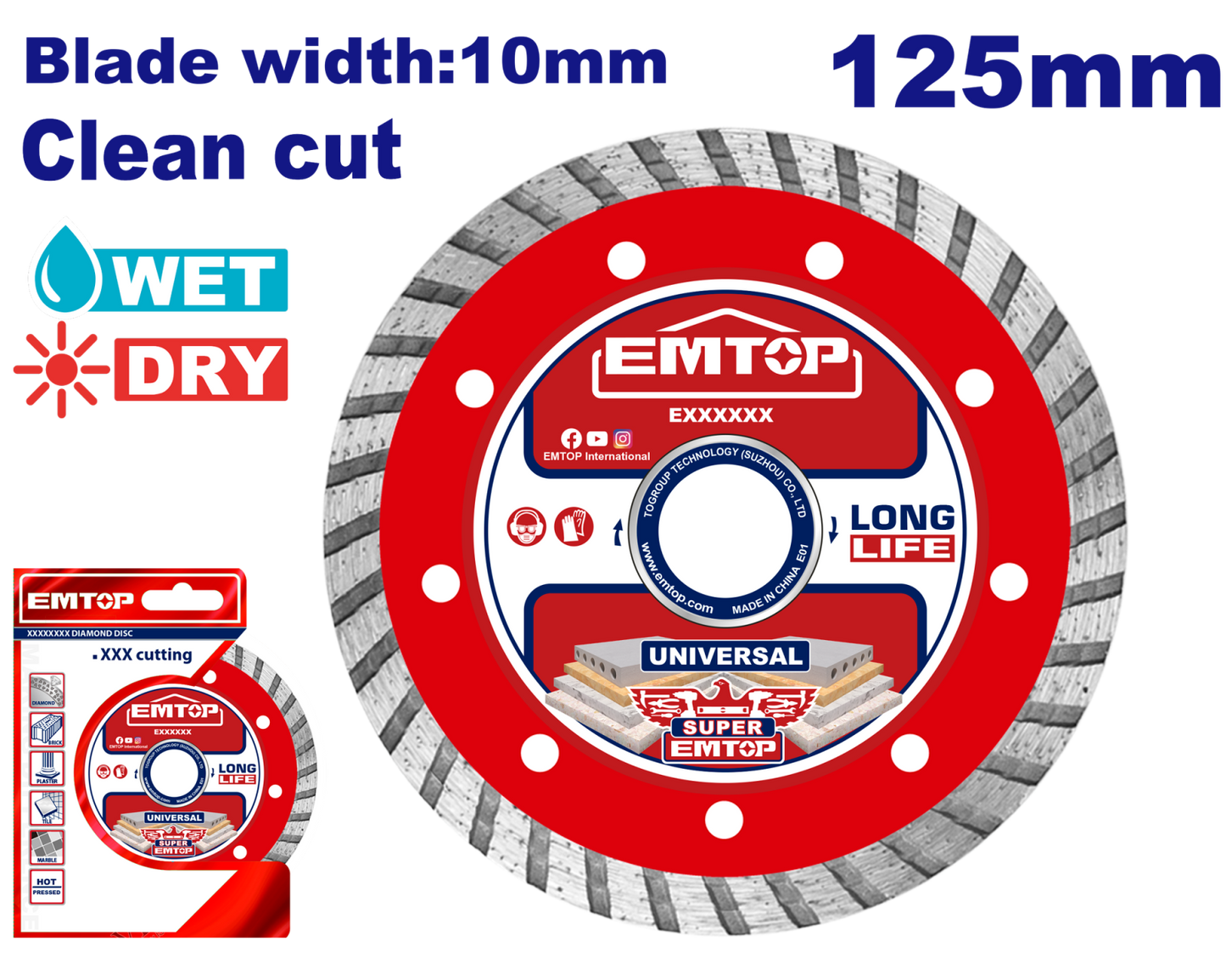 Disc Turbo Diamantat 125mm, Tăiere Umedă/Uscată pentru Cărămidă, Beton și Piatră, Lamă 10 mm - EDDC031252, EMTOP