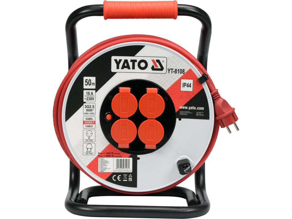 Prelungitor pe tambur Yato 50m – 4 prize, cablu 3x2,5mm², 16A, IP44