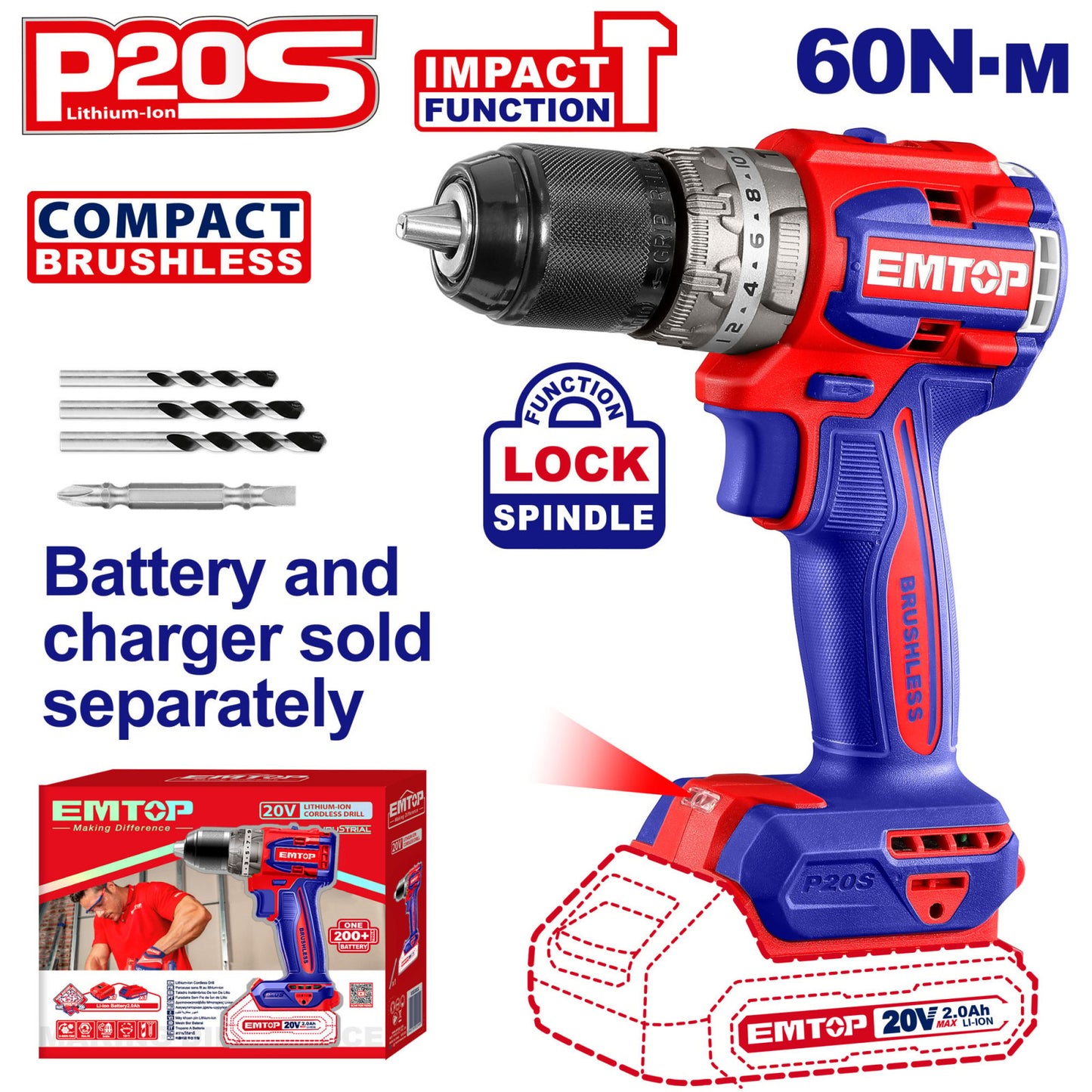 Masina de gaurit cu impact electrica, motor fara perii (brushless), 60Nm - ECiDL206021, EMTOP