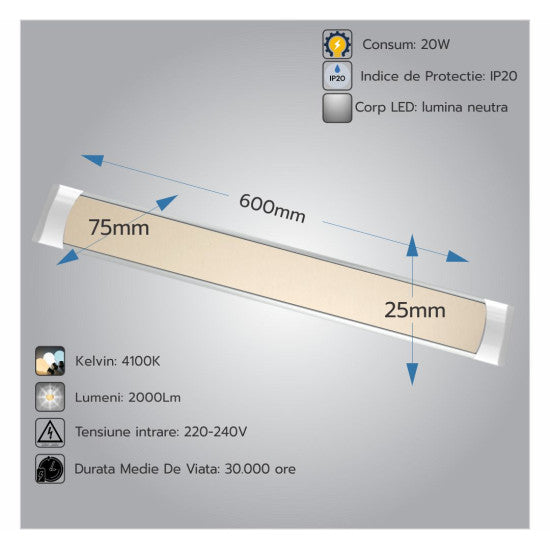 Corp LED Fida aluminiu, 20W, 4100K, 600 mm