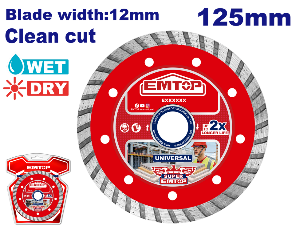 Disc Turbo Diamantat 125mm, Tăiere Umedă/Uscată, Lamă 12 mm - EDDC031251, EMTOP