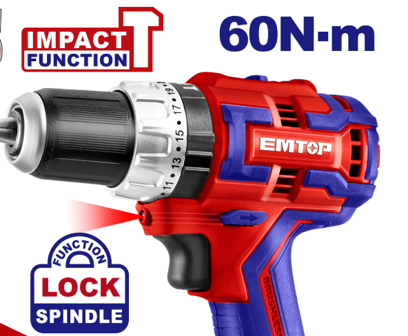 Mașină de Găurit cu Impact cu 2 Acumulatori, Motor Fără Perii, 60Nm - ECiDL20602, EMTOP