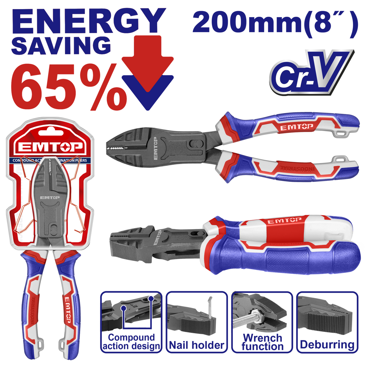 Clește combinat cu acțiune compusă, 200 mm (8"), 65% economie de energie - EPLRCC0851, EMTOP