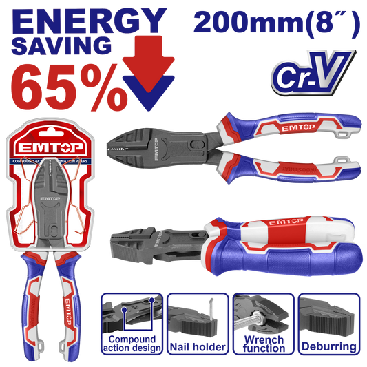 Clește combinat cu acțiune compusă, 200 mm (8"), 65% economie de energie - EPLRCC0851, EMTOP