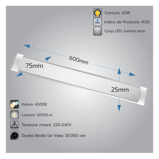 Corp LED Fida aluminiu, 20W, 6500K, 600 mm