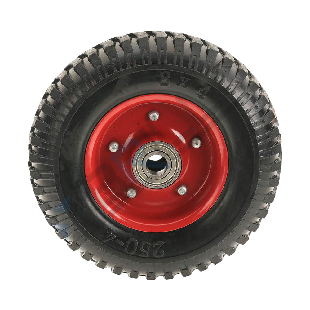 Roata carucior 250-4 (8") cauciuc brut striat cu rulment, negru/rosu