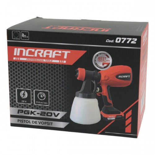 Pistol vopsit cu acumulator 20V Incraft PGK-20V 750ml/min 4 duze 800ml rezervor