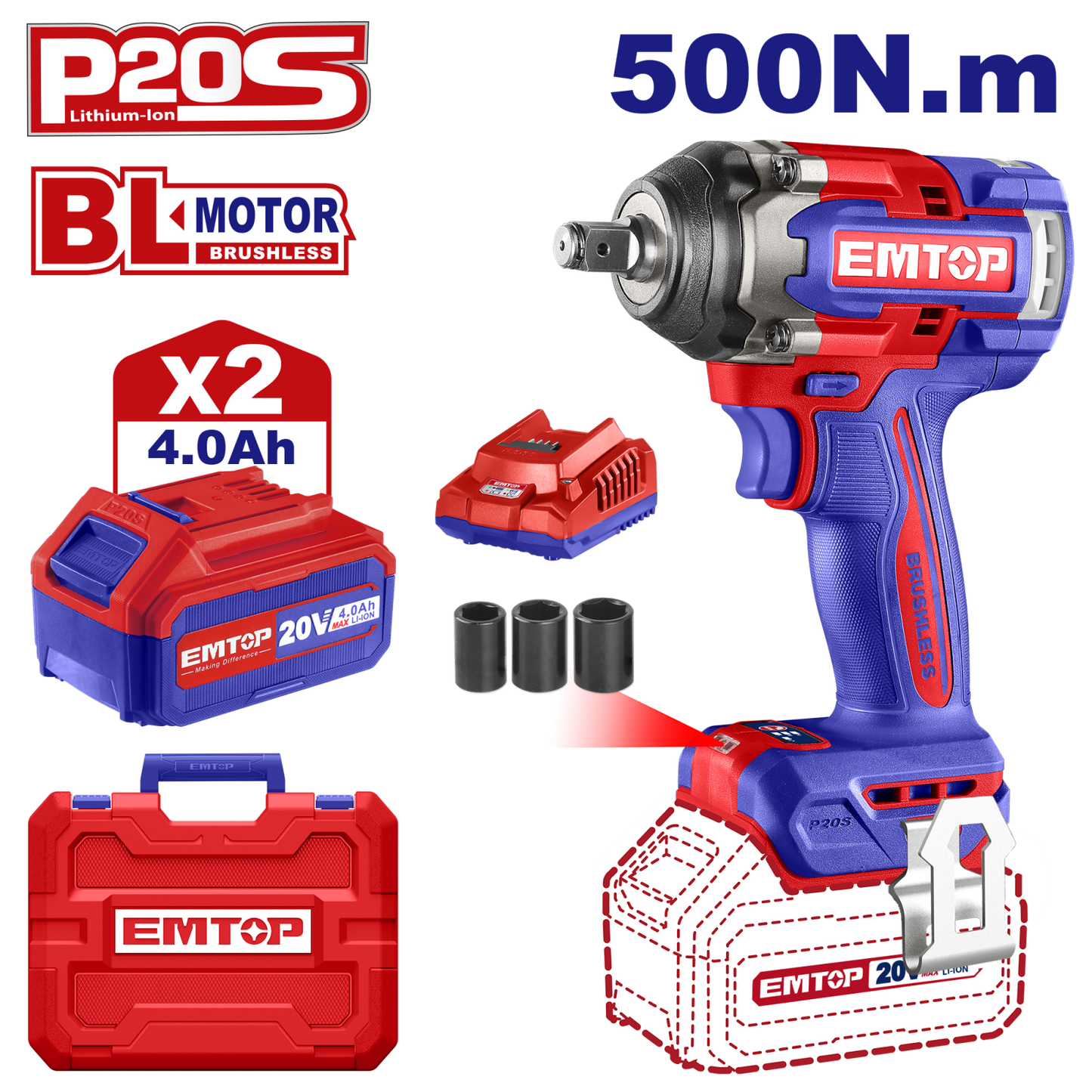 Bormașină de Impact și Înșurubat cu 2 Acumulatori 4.0Ah, Motor Fără Perii, 500 Nm, 1/2", 3 Capete - ECiWL2050, EMTOP