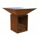 Gratar cu plita 10 mm si vatra pe lemne, otel Corten, 975x975 mm, inaltime 1050 mm, cu spatiu pentru lemne, 140 kg
