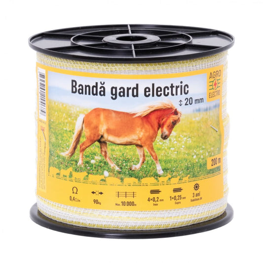 Banda gard electric 20 mm, 200 m, 90 kg rezistenta la rupere, 0,4 Ω/m rezistenta electrica