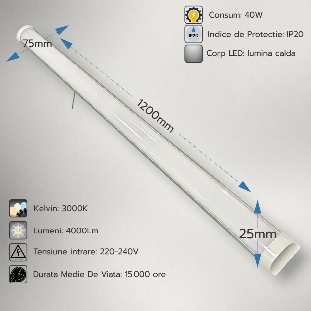 Corp LED Fida aluminiu, 40W, 3000K, 1200 mm