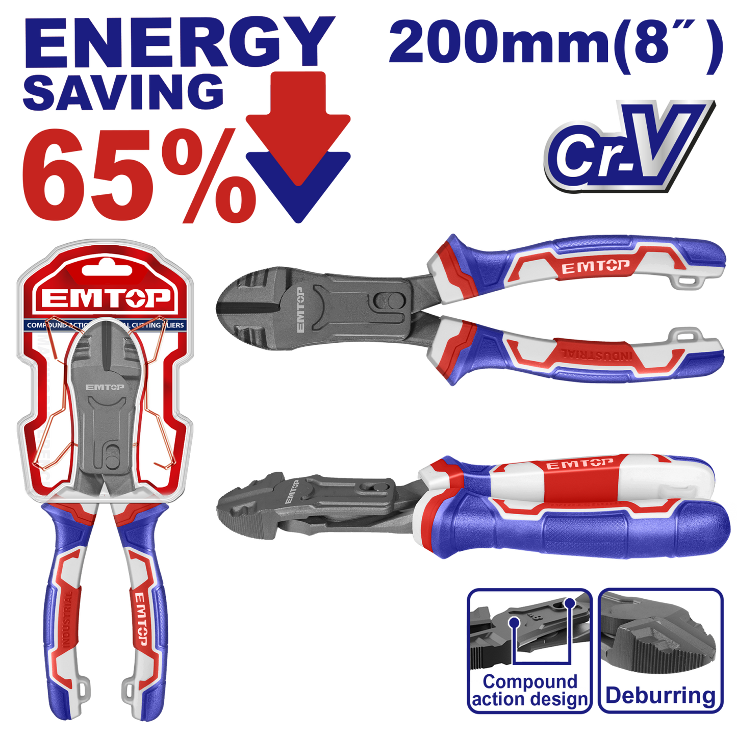 Clește cu vârf diagonal și funcție de debavurare, 200 mm (8"), 65% economie de energie - EPLRCD0851, EMTOP