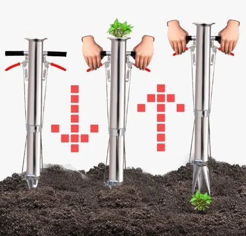 Plantator rasaduri profesional inox 76 cm, diametru 70 mm, 2 manere ergonomice, distanta reglabila 5-50 cm