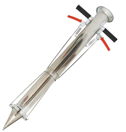 Plantator rasaduri profesional inox 76 cm, diametru 70 mm, 2 manere ergonomice, distanta reglabila 5-50 cm