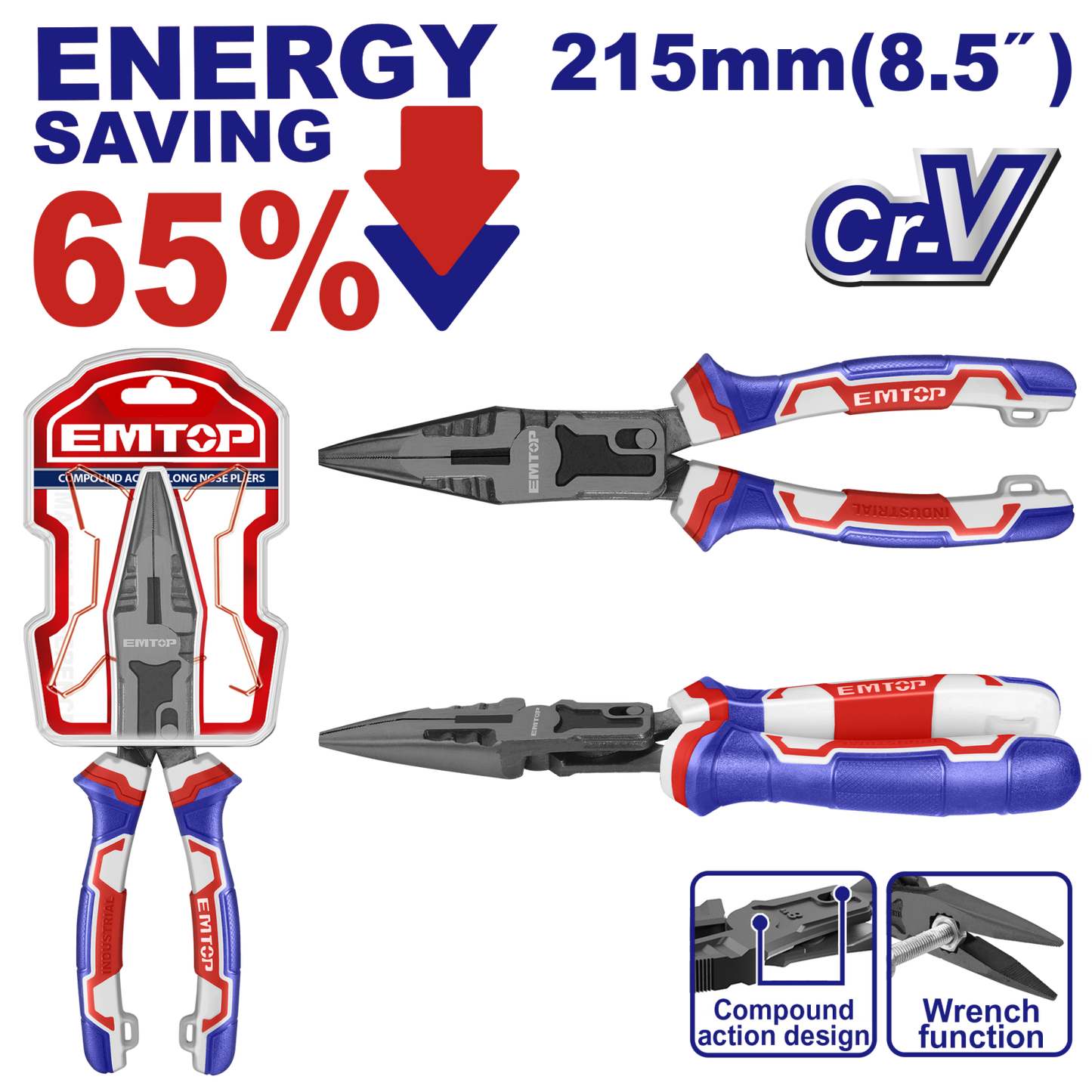 Clește combinat de forță cu vârf lung, 215 mm (8.5"), 65% economie de energie - EPLRCL0851, EMTOP