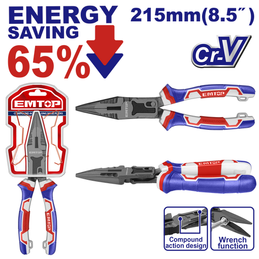 Clește combinat de forță cu vârf lung, 215 mm (8.5"), 65% economie de energie - EPLRCL0851, EMTOP