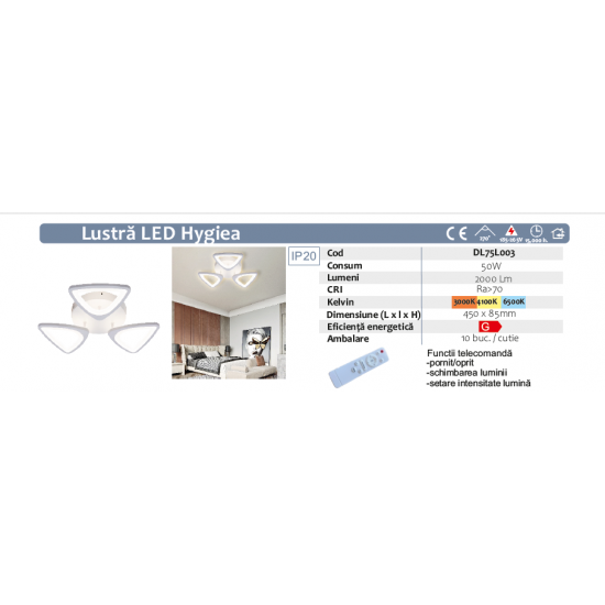 Lustra LED Dimabila, 50W, 3 Brate, 450x85mm, IR