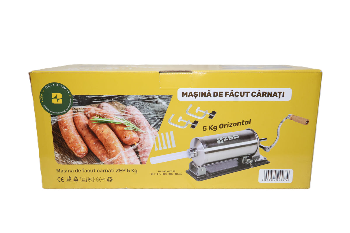 Masina orizontala de umplut carnati 5kg, din inox cu 5 palnii