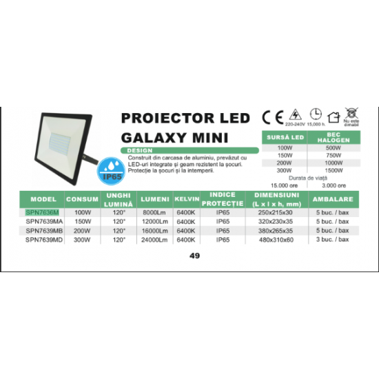 Proiector LED SMD Galaxy, 300W, 6500K, IP65