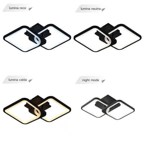 Lustra LED Patrata 50W, 2 Brate, 3 Culori, Telecomanda IR