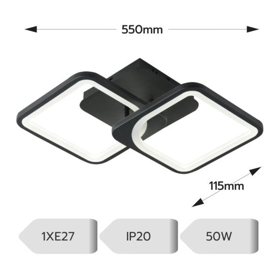 Lustra LED Patrata 50W, 2 Brate, 3 Culori, Telecomanda IR