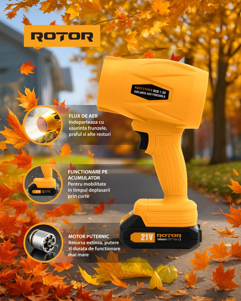 Suflanta aer pe acumulator ROTOR RCB-1.5A, 21V / 1,3Ah, motor 315W, viteza 45 m/s, compacta si usoara