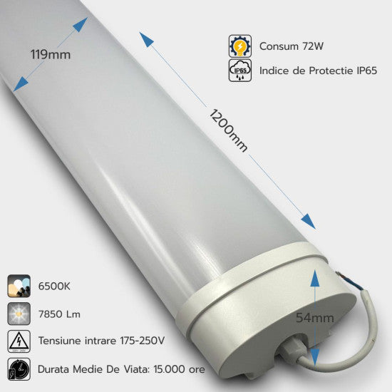 Corp LED IP65 72W, 1200x119x54mm, 6500K