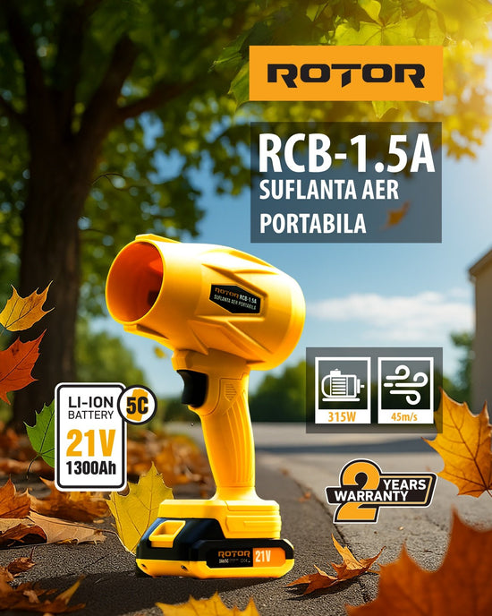 Suflanta aer pe acumulator ROTOR RCB-1.5A, 21V / 1,3Ah, motor 315W, viteza 45 m/s, compacta si usoara