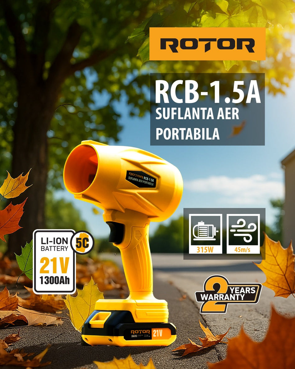 Suflanta aer pe acumulator ROTOR RCB-1.5A, 21V / 1,3Ah, motor 315W, viteza 45 m/s, compacta si usoara