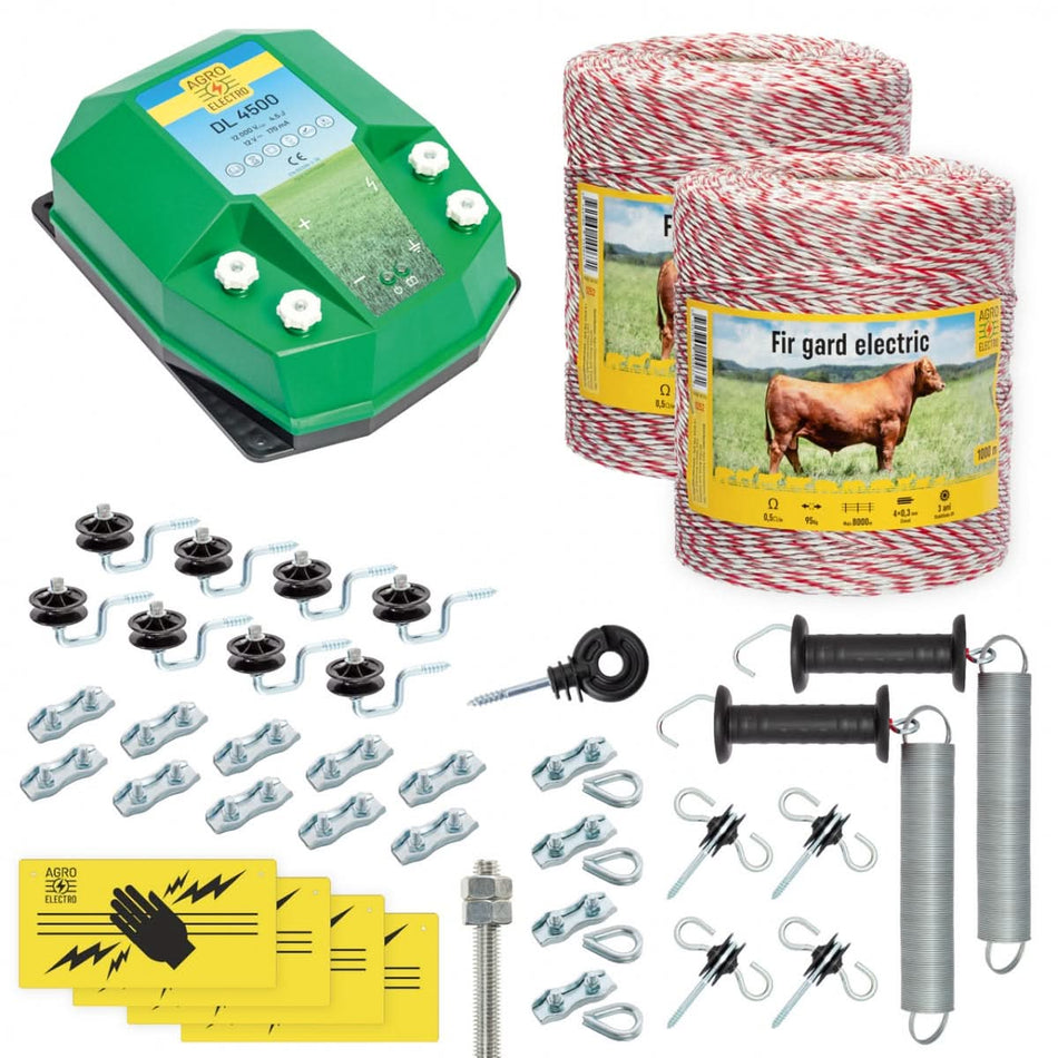 Pachet complet gard electric, ideal pentru imprejmuirea animalelor domestice. Usor de montat si eficient pentru siguranta in gospodarie sau ferma.