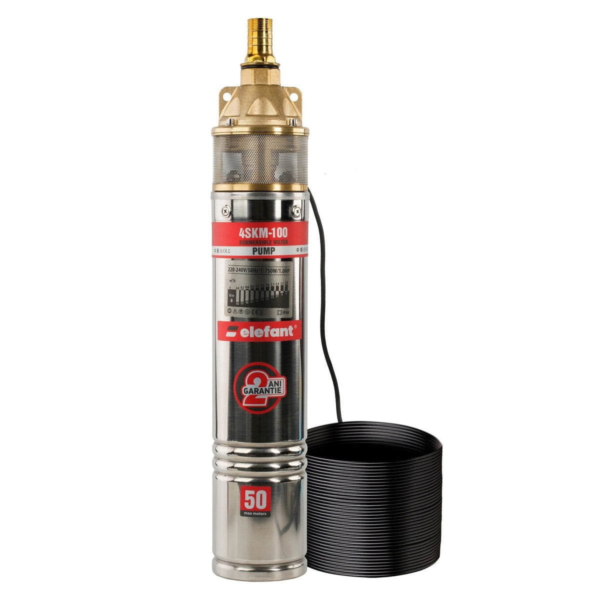 Pompa submersibila Elefant 4SKM100 750W, 70m adancime, debit 50L/min, 1”, 2850rpm, cablu 15m, turbina bronz