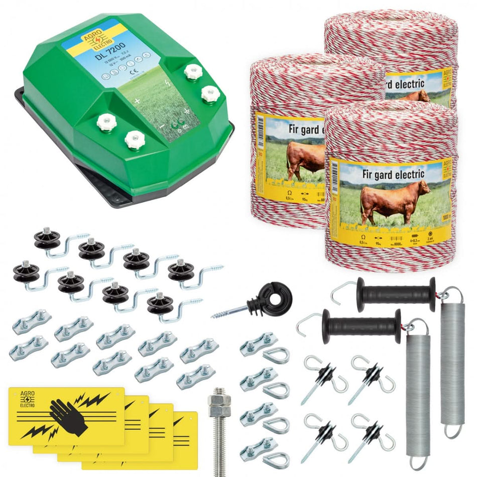 Pachet gard electric complet 3000m 7.2 Joule pentru animale domestice fir izolatori maner poarta conectori