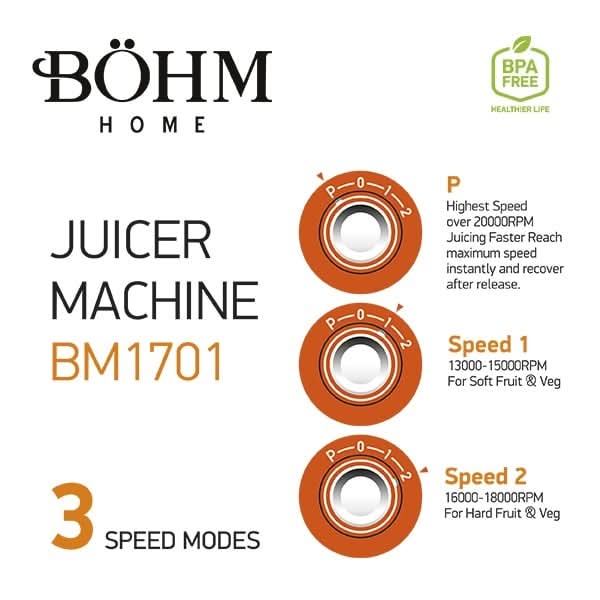 Storcator Fructe si Legume BÖHM BM1701, 600W, 3 Viteze, Tub 65 mm, Material Fara BPA