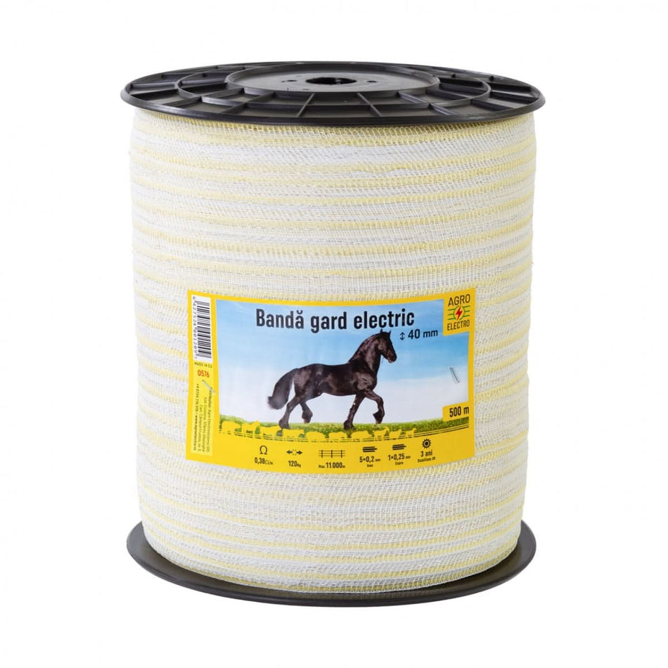 Bandă Gard Electric 40 mm, 500 m – Rezistență la Rupere 120 kg, Rezistență Electrică 0,38 Ω/m